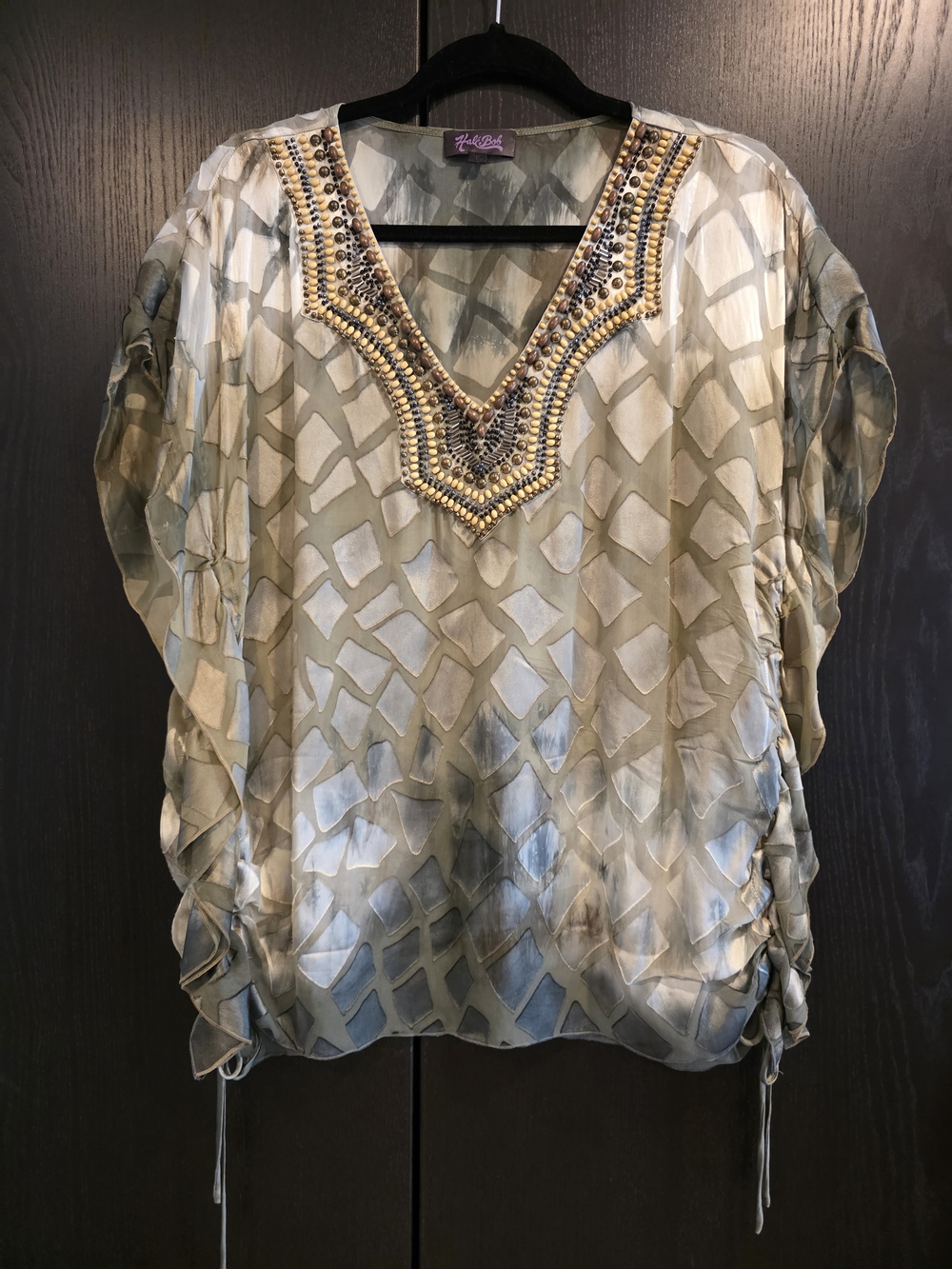 Women's Olive & Gold Beaded V-Neck Blouse